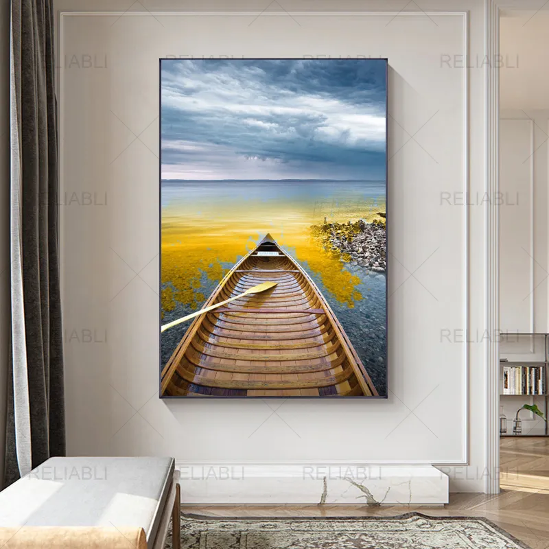 Noordse landschapsposters en afdrukken Ocean Boat Picture Modern Canvas Painting Wall Picture for Living Room Home Decor No Frame