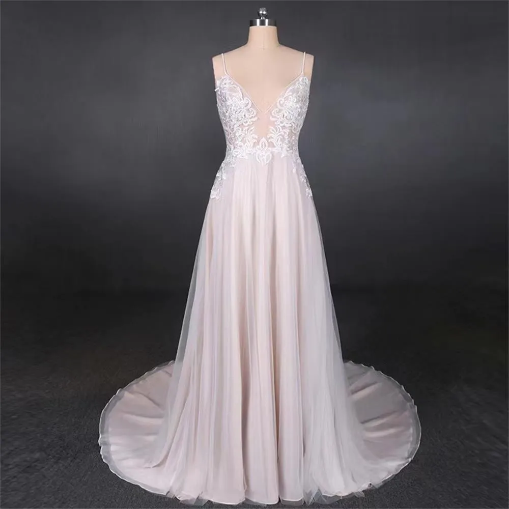 French wedding dress sexy suspenders v-neck temperament open back is thin and elegant romantic MY6032