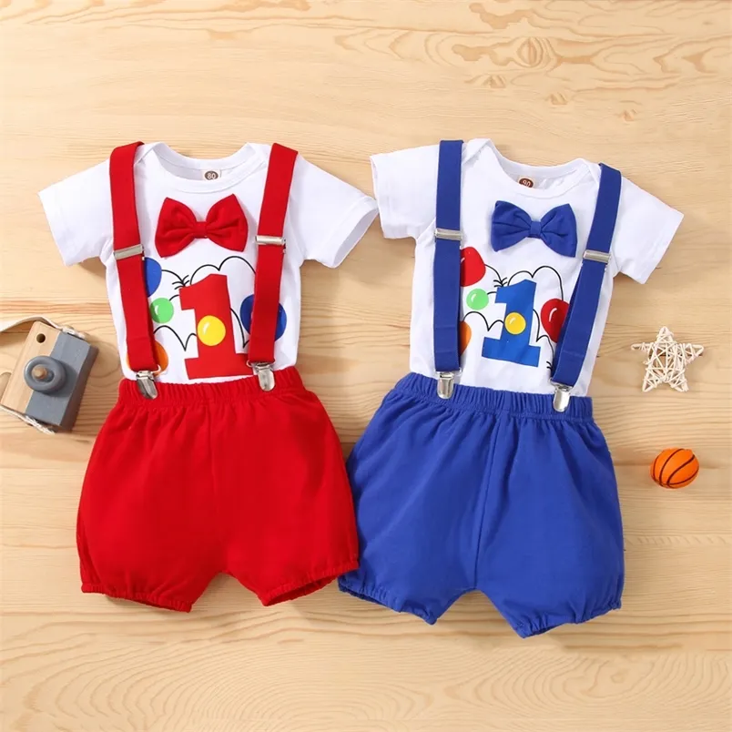 Ensembles de vêtements 1 an bébé garçon anniversaire barboteuse ensemble vêtements infantile fille dessin animé point impression jarretelles shorts tenues de fête Costume enfant en bas âge 12M 220916