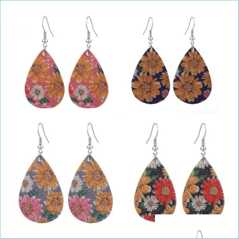 Dangle Chandelier Dangle Earring Frosted Sequin Pu Leather Sunflower Printing Water Drop Shape Womens Jewelry Earrings Delivery 2021 Dhhfr