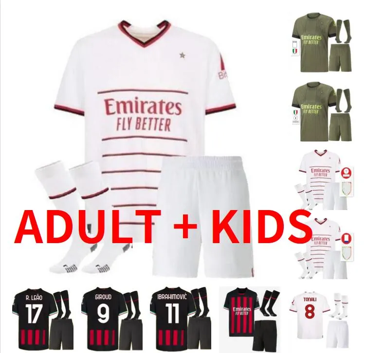 kits adultos 22 23 camisas de futebol AC Milans Leao Tomori Ibrahimovic Giroud Football camisa 2022 2023 Tonali Bennacer Rebic Home Away Camiseta de Futbol Men Kit Kit Socks