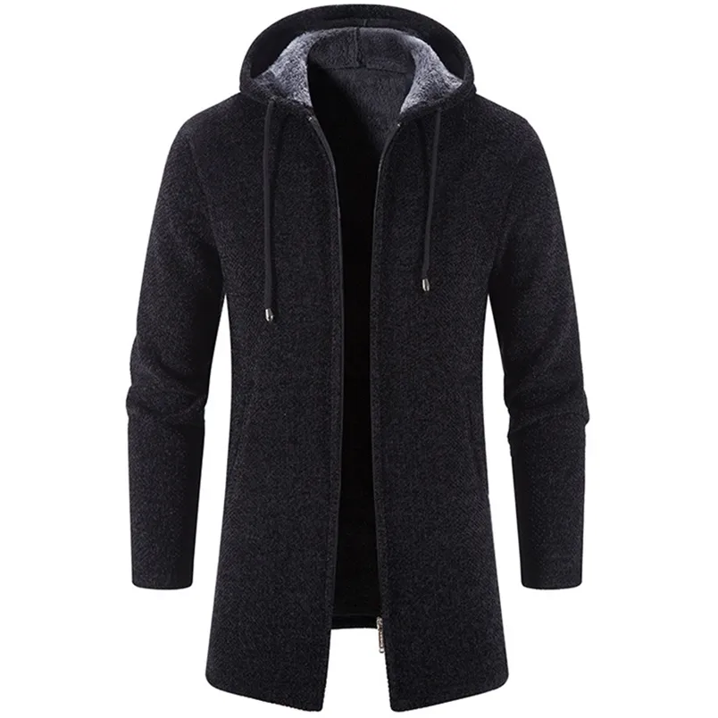 Misturas de lã masculina inverno cashmere homens cardigan chenille suéter quente casaco de lã blusão longo com capuz zíper suéter slim fit jaqueta 220915