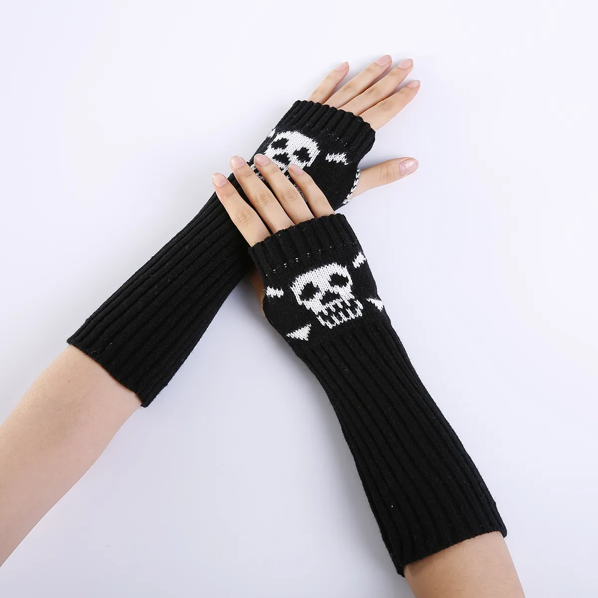 Halloween Punk Gloves Unisex Skeleton Skull Half Finger Gloves Glow In The Dark Fingerless Stretch Knitted Winter Mittens CPA4365