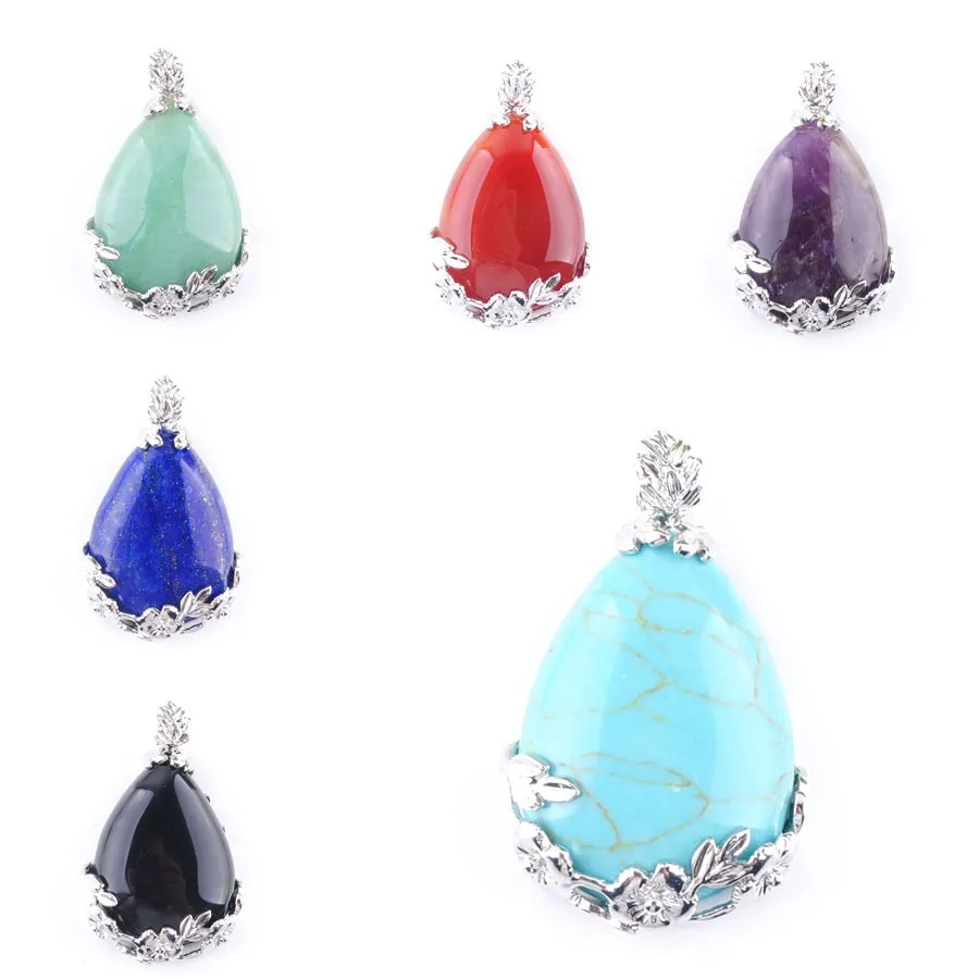 New Women Natural Stone Waterdrop Pendant for Necklace Fashion Tear Shape Purple Crystal Opal Charm Jewelry BN350