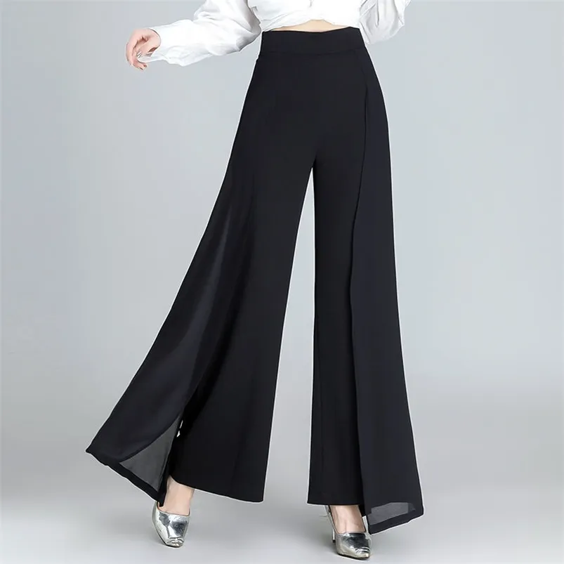 Kvinnors byxor capris chiffon wide ben byxor hög midja casual svart eleganta byxor kvinnor koreanska modekläder baggy pantalon femme 220916