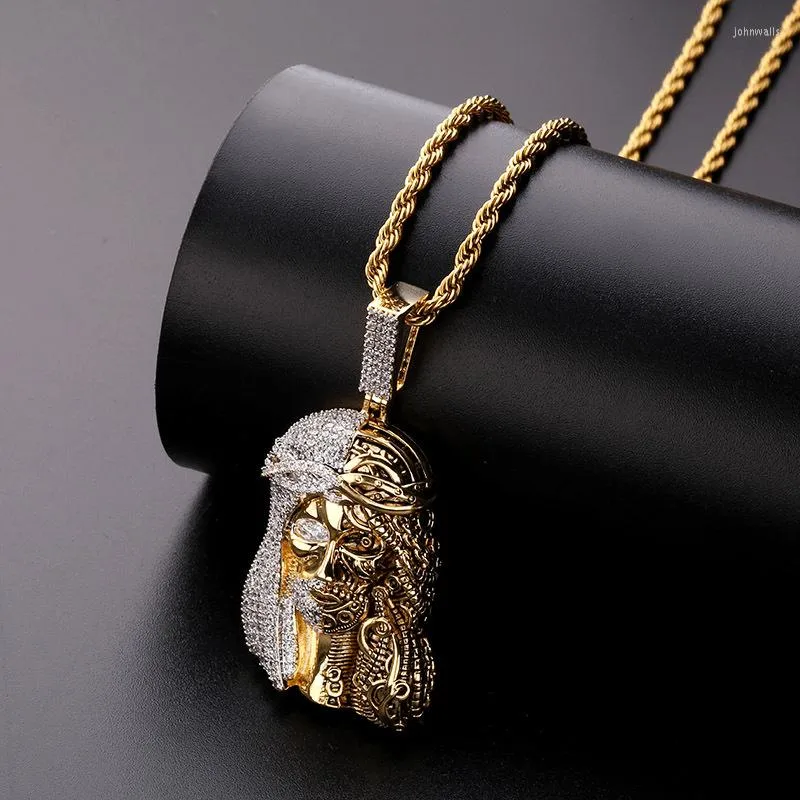 Pendentif Colliers Hip Hop Demi Mécanique Visage CZ Zircon Pavé Bling Glacé Jésus Pièce Pendentifs Collier Pour Hommes Rappeur Bijoux