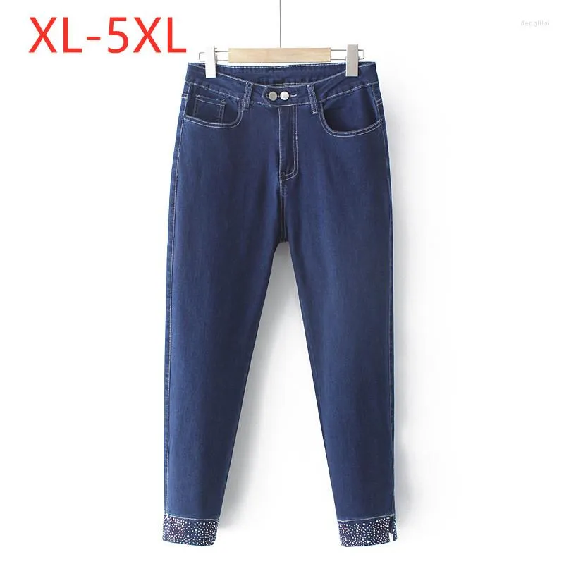 Byxor 2022 Ladies Autumn Winter Plus Size Pencil Jeans For Women Stor Slim Elastic Pocket Blue Denim beskuren 3xl 4xl 5xl