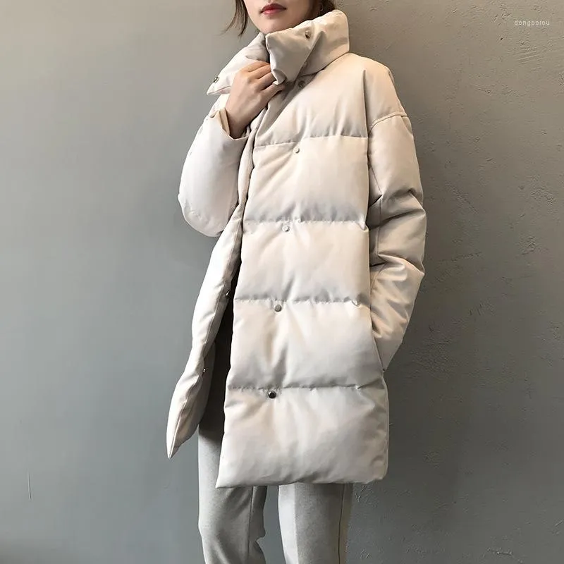 Trench feminina casacos senhoras parka parka coreana derrubar casaco bege preto algodão casual quente 2022 botão de moda de inverno longo