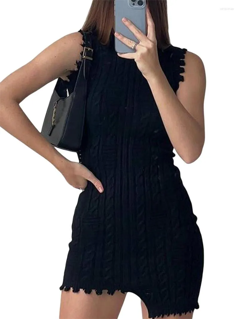 Casual Dresses Irregular Women Sleeveless Fringed Trim Dress Solid Color Knitting Texture Hem Short