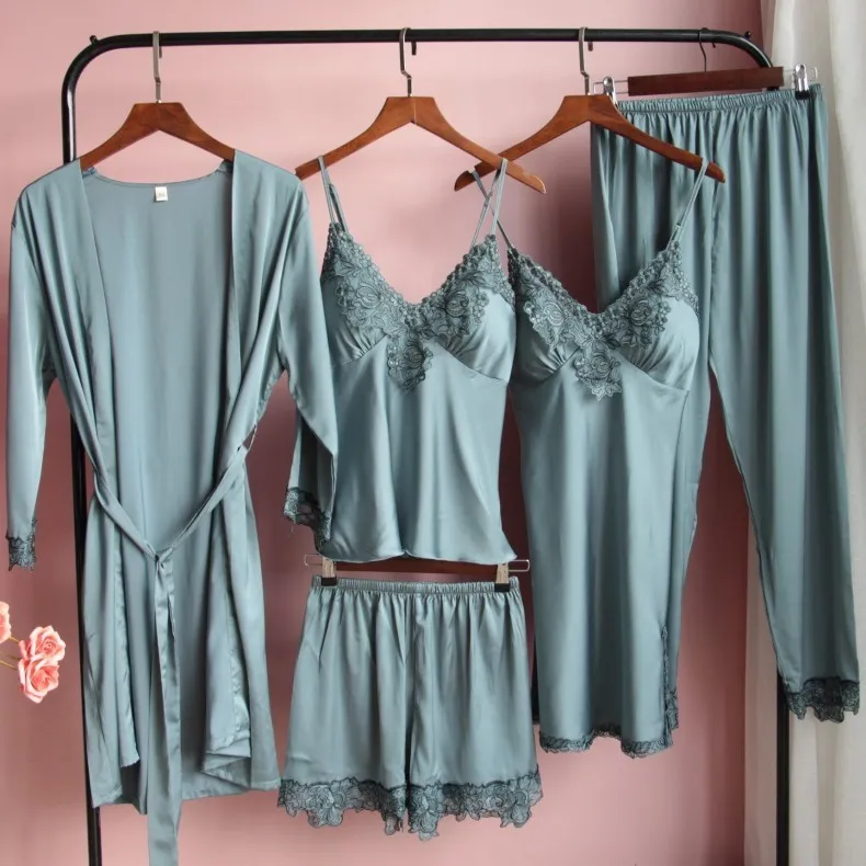 Satin Lace Satin L Shaped Pyjama Set With Chest Pads Perfect
