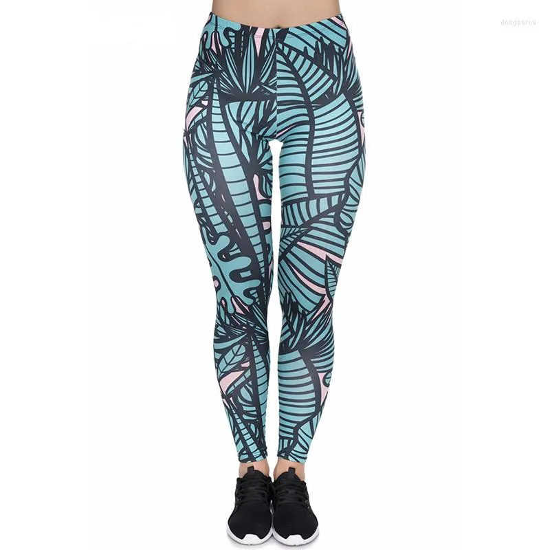 Dames leggings vrouwen donkerblauw blad patroon printen fitness slank midden taille