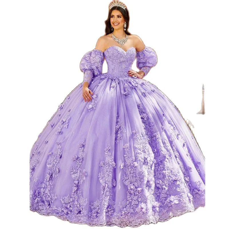 Lavender Princess Quinceanera Dresses Detachable Train Sleeve Sweet 15 Prom Gown 3D Flower Appliques Vestidos de quinceanera