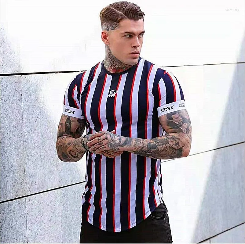 Men's T Shirts 2022 Brand Men Muscle Stripe Bodybuilding Fitness T-shirt Tight Short Sleeve Sports Leisure High Quality Tees Tops