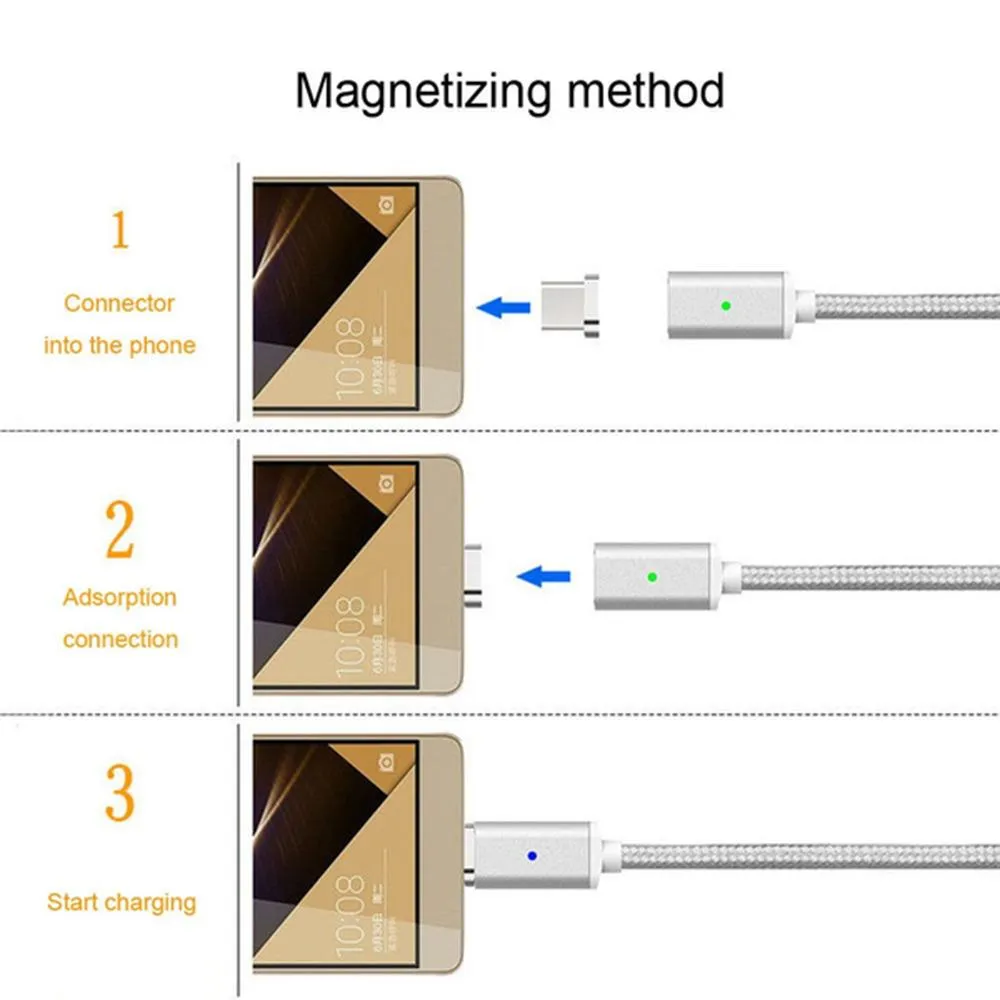 1 m magnetiska telefonkablar nylon fl￤tad USB -kabelladdare f￶r olika port smarttelefon silver android