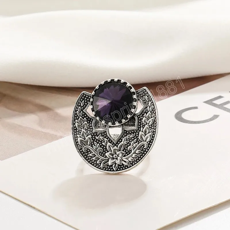 Anillo de cristal púrpura de lujo, joyería india para mujer, anillos de dedo tallados de Color plateado Retro, joyería para banquete y boda, regalos para mujer