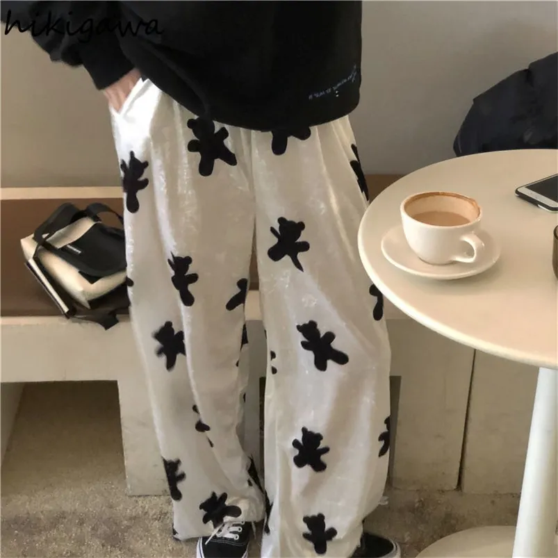 Damesbroek capris mode cartoon broek vrouwen beren afdruk wide been pant streetwear bodems hoge taille casual broek zomer Koreaanse pantalon 220916