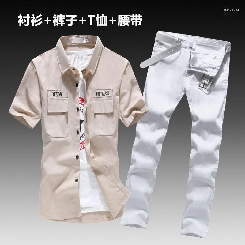 Men's Tracksuits Short Sleeve T-shirt Jeans Pants 2pcs Set Cotton Blouse Casual Cargo Style Long Trousers Size S-XXL With Belt&Shirt K15