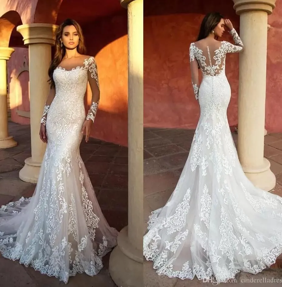 2023 Modern Mermaid Wedding Dresses 3D Appliced ​​Spets Sheer Neck Long Sleeve Brudklänningar Illusion Wedding Dress Robe de Mariee GB3048