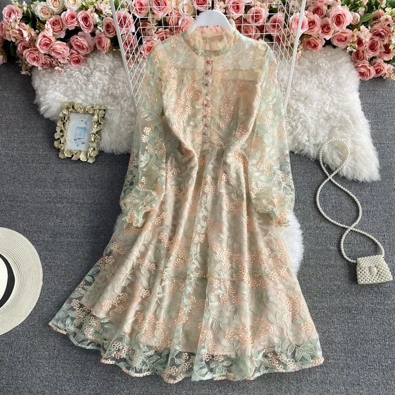 Fairy Mesh Dress Adults Long Sleeve Mid-Calf Embroidery Dress with Stand  Collar and Empire Waistline from Dhgate Basic & Casual Dresses - price 40.11