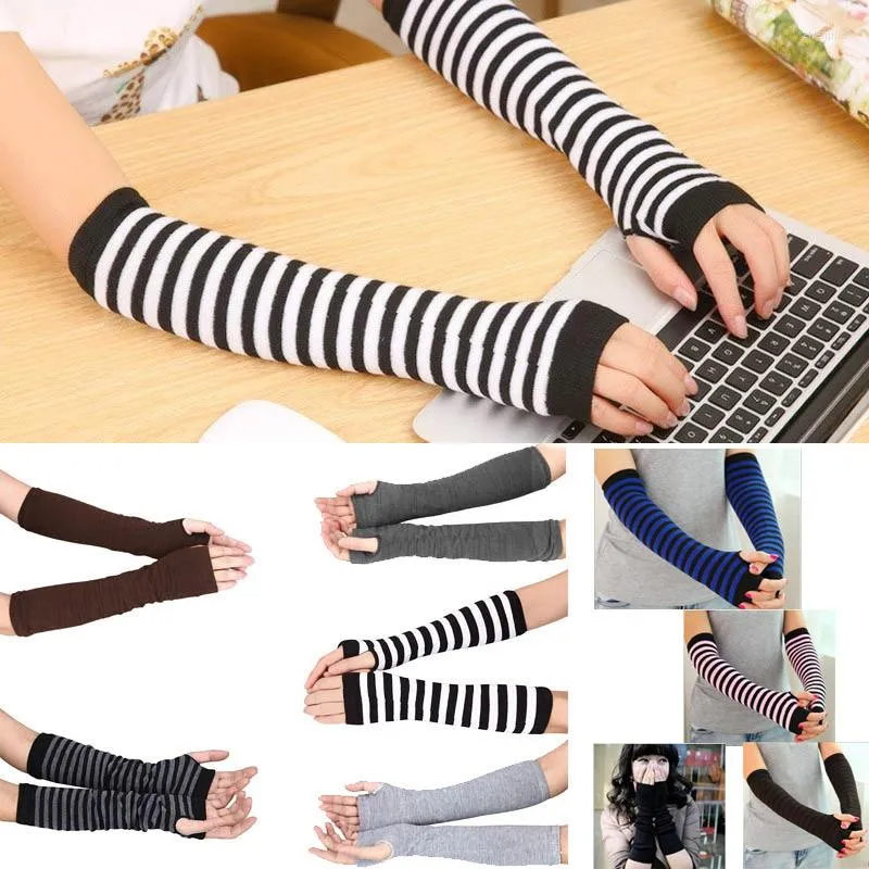 Knee Pads Ly Lady Stretchy Soft Knitted Wrist Arm Warmer Long Sleeve Fingerless Gloves Striped