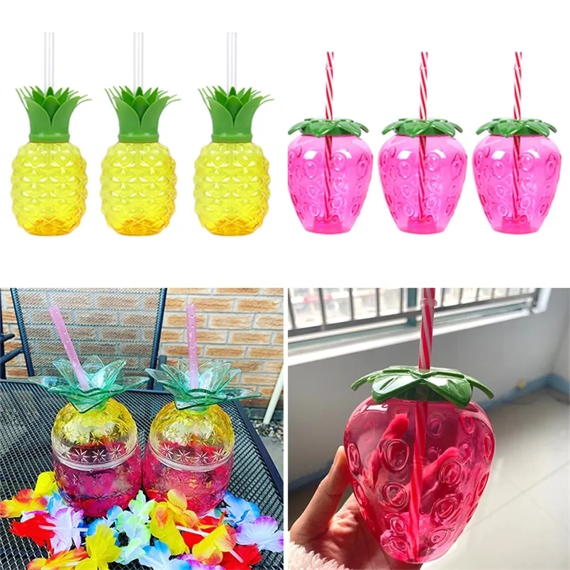 Kerstdecoraties 6/12pcs Fruit Vorm Plastic waterbekers drinken Cup Ananas Strawberry Strawbbert Straw Cup Summer Beach Pool Verjaardagsfeestje Decor 220916