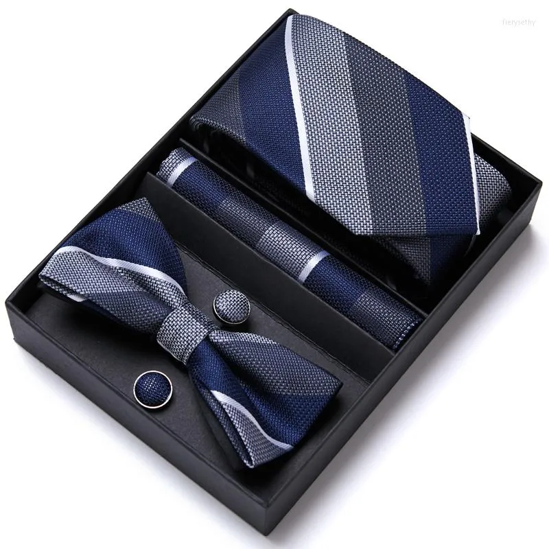 Bow Ties 2022 Design Brand Formal Tie Bowtie Hanky ​​Cufflinks Set For Men Silk Blue Striped Floral slips Gravathandduk