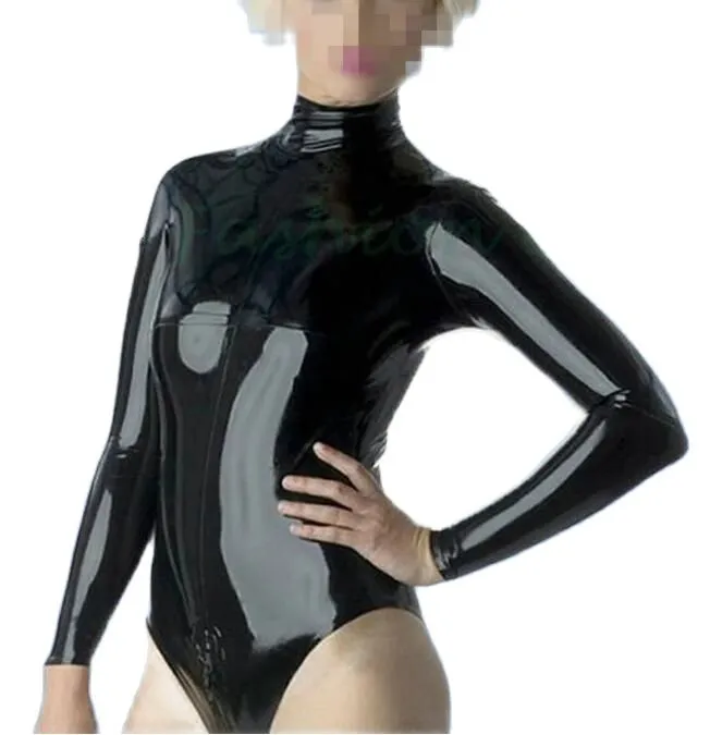 Fashion Catsuit Costume: PVC Faux Leather Long Sleeve Sexy Black High  Collar Leotard Bodysuit Jumpsuit with 3-Way Front Zipper
