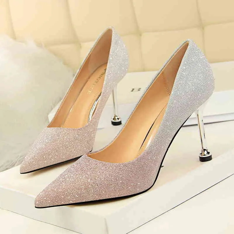 0755-1 Sandals Korean Fashion Thin Heel High Shallow Mouth Pointed Shiny Color Gradient Matching Single Shoes s Women's