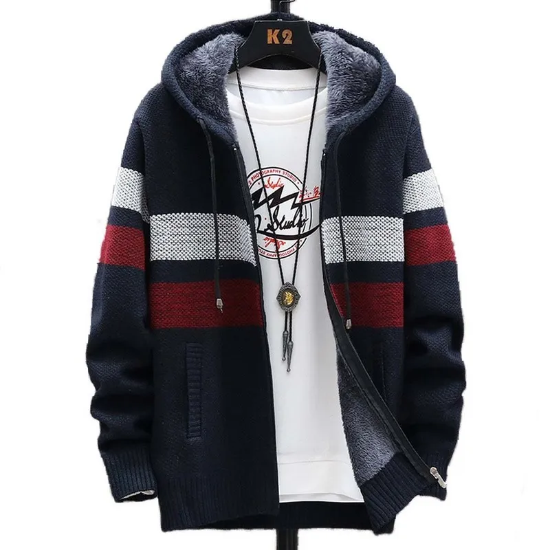 Men's Wool Blends FALIZA Striped Mens Sweater Coat Thick Fleece Warm Zipper Wool Hooded Cardigan Jumpers Men Long Sleeve Knitted Sweaters MXY110 220915