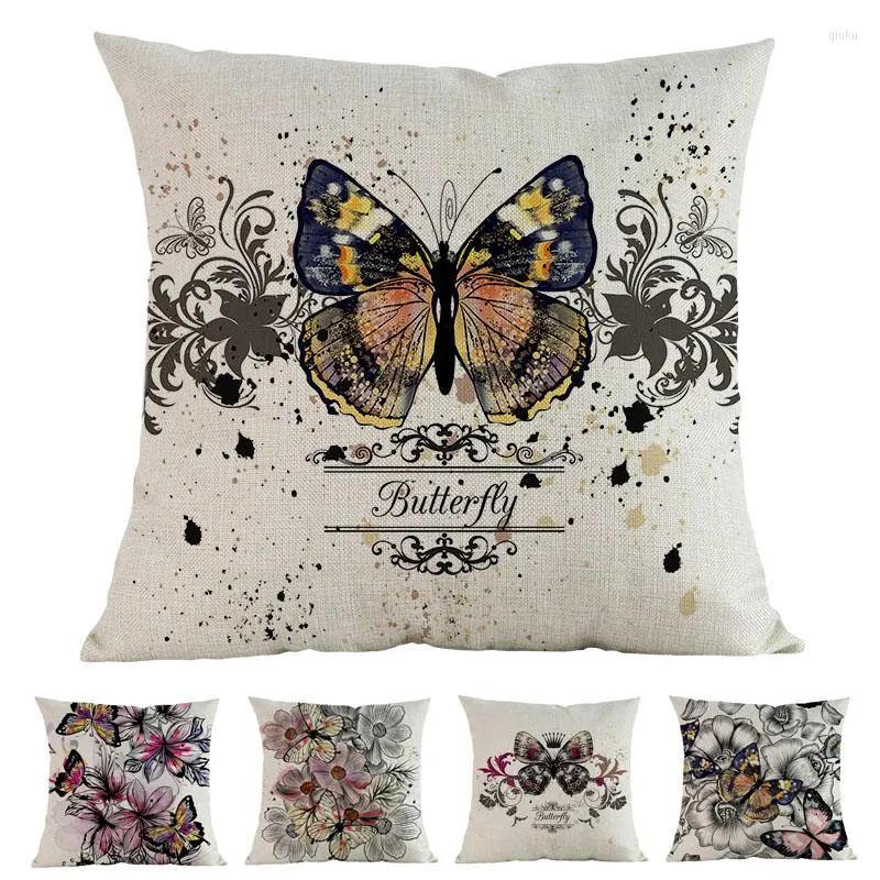 Pillow Colorful Butterfly And Flowers Vector Geometric Pattern Linen Cotton Case Home Sofa Decoration Cover 45x45cm