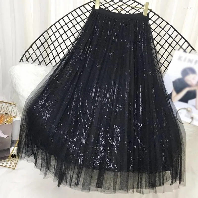 Jupes Femme Maille Pailleté Tulle Jupe Eté Automne Taille haute Plissé Perlage Coréen Chic Long Maxi Noir Rose