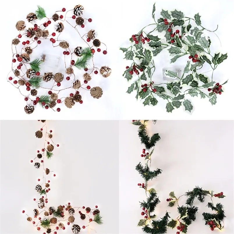 Juldekorationer 220 cm Christmas Pine Cones Garland med LED Fairy String Lights Red Berry lämnar krans för Xmas Year Home Pise Place Decor 220916