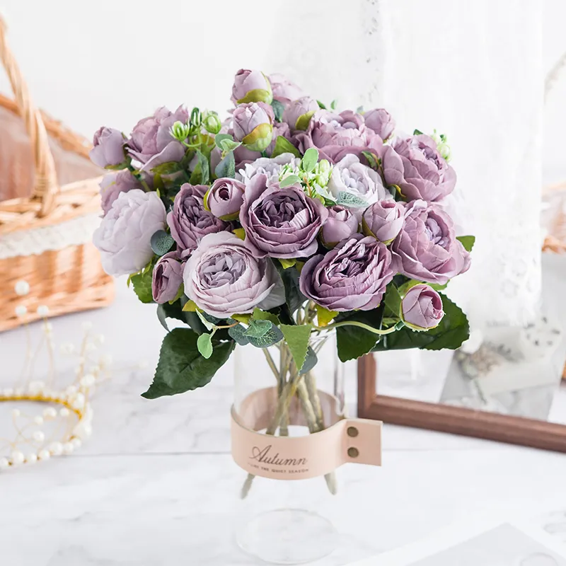 Billiga dekorationerartificiella torkade rosa konstgjorda blommor 9 huvuden Silk Peony Bouquet Tea Rose Fake Plant för DIY Living R ...