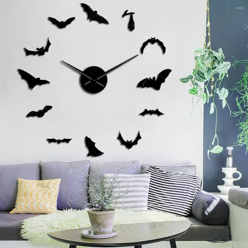 ساعات الحائط الخفافيش DIY عدد كبير من العددية الحديثة تصميم عملاق التأثير مرآة الملصق