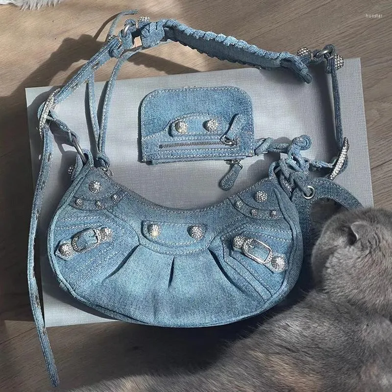 Sacs de soirée Denim diamant riveté sac à bandoulière sacs à main en cuir Vintage pour femmes porte-cartes et miroir