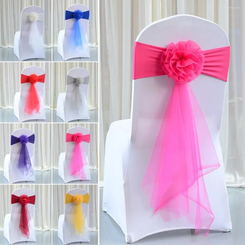 Campa de cadeira 10pcs/set organza transparente elástico cinto de arco de arco aniversário de casamento grande evento decoração de festa de múltiplas cores