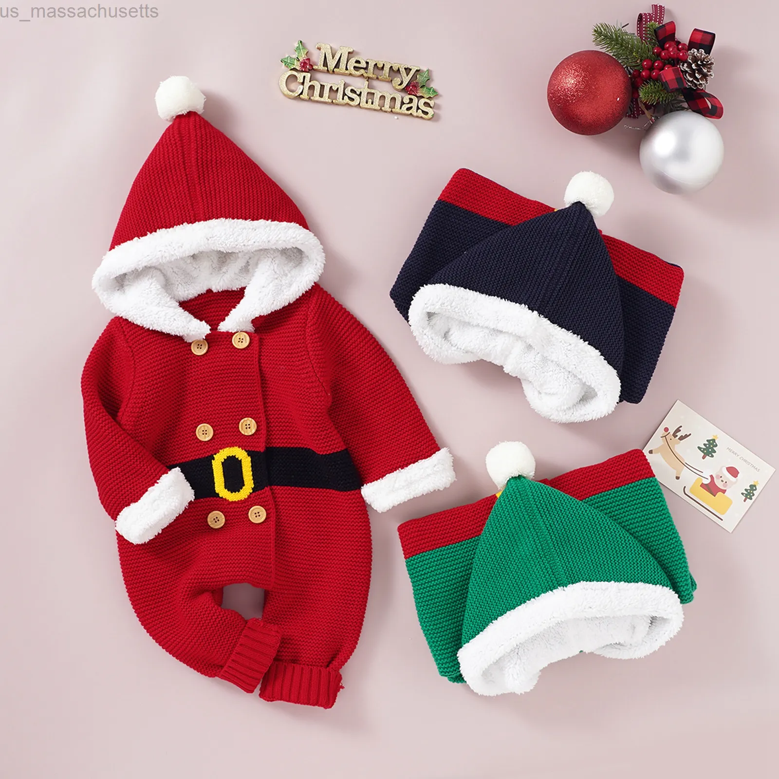 Occasioni speciali Citgeett Inverno Natale Infantile Neonate Ragazzi Pagliaccetto con cappuccio Doppio petto Palla di pelo Festivo Abbigliamento caldo di Natale L220915