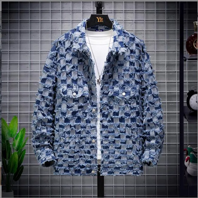 2023 Risvolto del progettista degli uomini Moda Jacquard Plaid Denim Giacca oversize Primavera e Autunno Allentato Casual Coppia Abbigliamento Personalità Streetwear giapponese