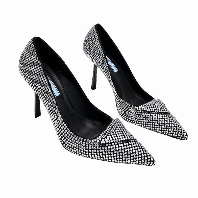 Sapatos de grife cristal diamante diamante brilhante sandálias clássicas mulheres vestidos femininos bombas de couro genuíno