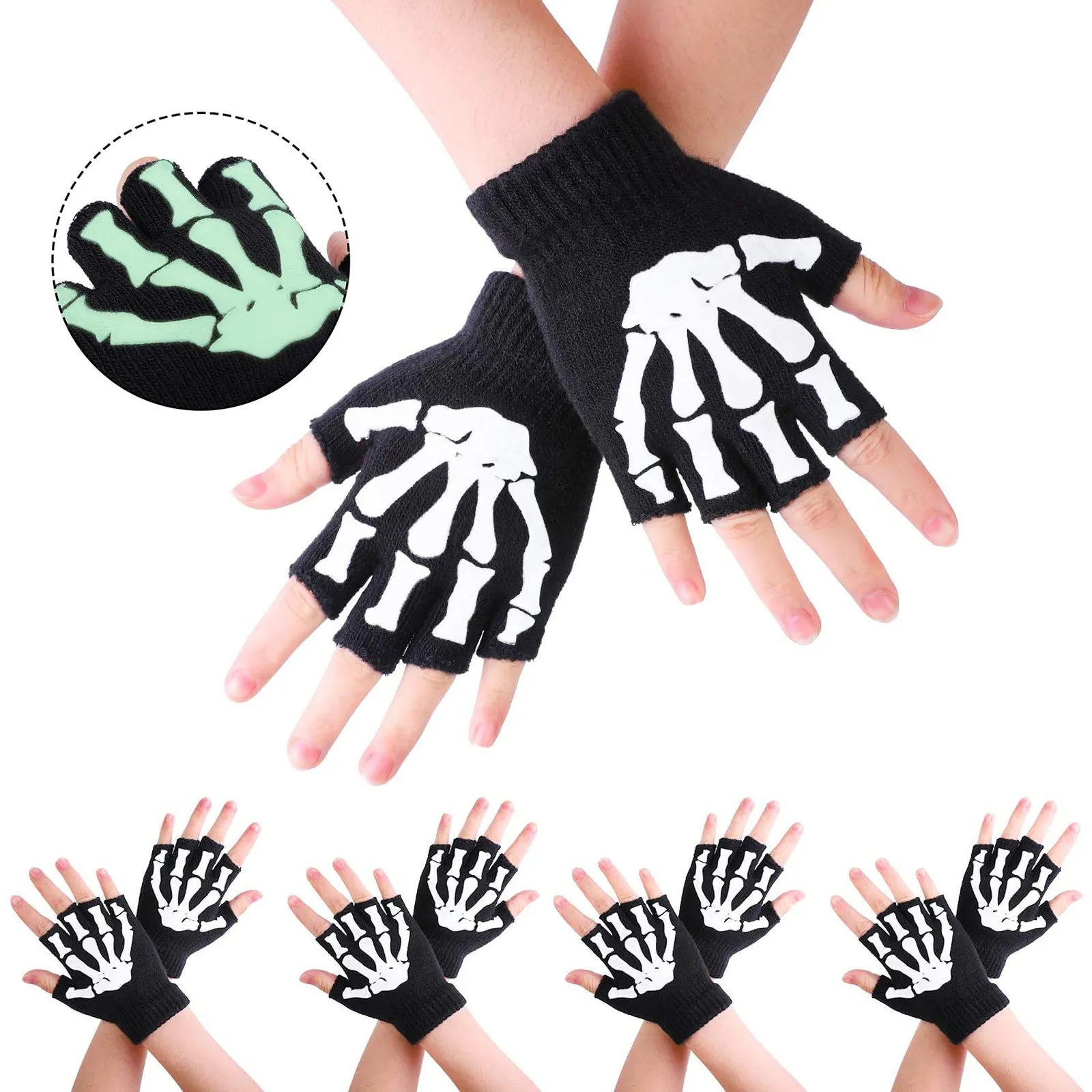 1/2/Halloween Glove Kids Skeleton Warm Glow In The Dark Fingerless Knitted Gloves Mitten Light For Children FY5602 913