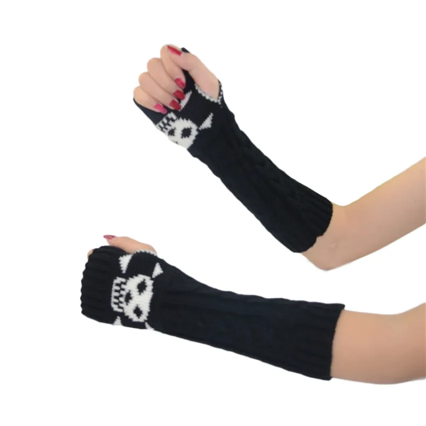 Women Winter Wrist Arm Skull Skull Treedless Long Fingerless Gloves قفازات الهالوين القلو