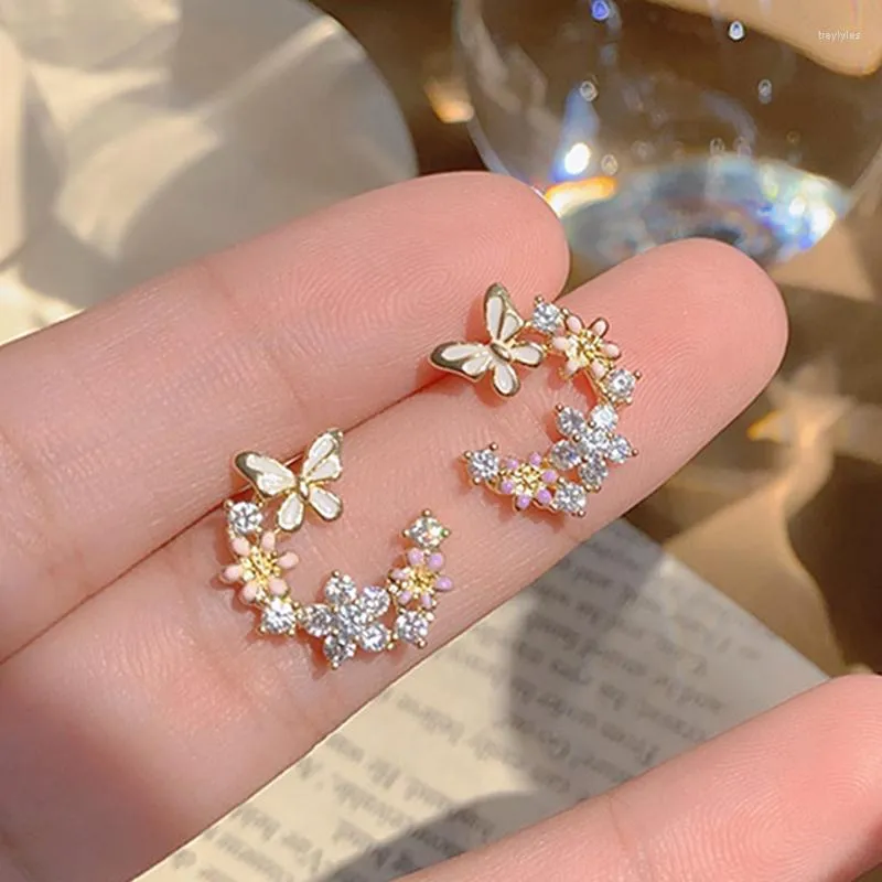 Stud Earrings Trendy Design 14K Real Gold Butterfly Crystal For Women Temperament Jewelry S925 Silver Needle Shiny Zircon Gift