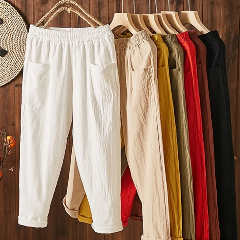 Women's Pants Capris JMPRS Summer Cotton Linen Ankle-Length Pants Casual Double Pockets Harem Pants Elastic High Waist Fashion Ladies Trousers 220916