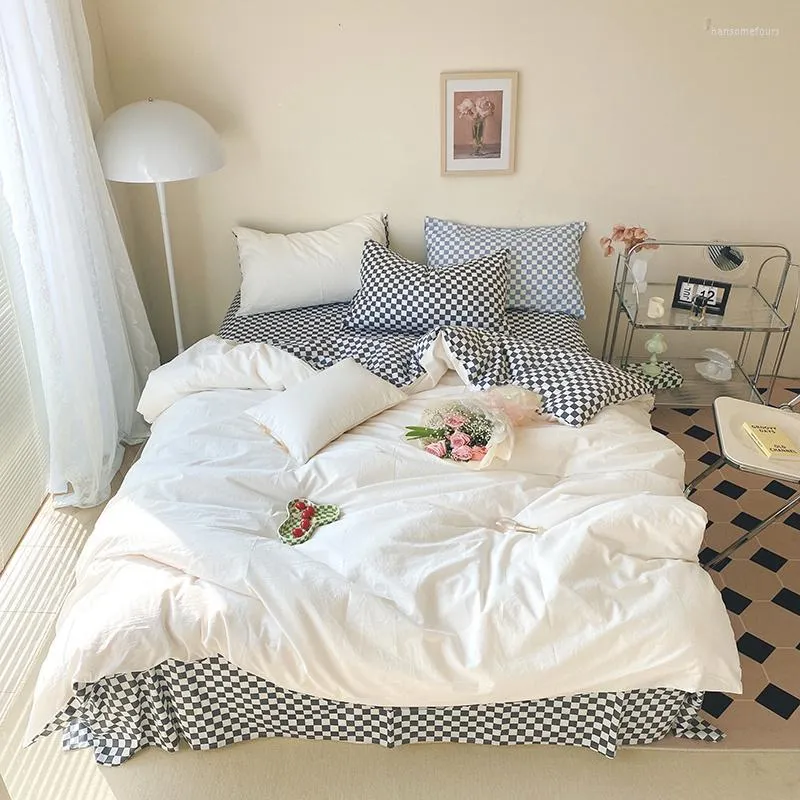 Bedding Sets Lattice And Solid Color 40S Cotton Set Nordic Plaid Quilt Cover Bed Comforter Mattress Linen Pillowcase