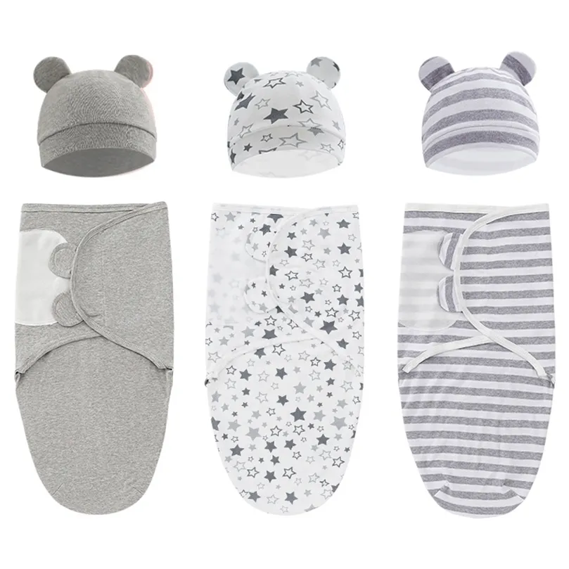 Coperte Swaddling 100% cotone organico Baby Swaddle Blanket Wrap Hat Set per neonato regolabile nato 03 mesi 220915
