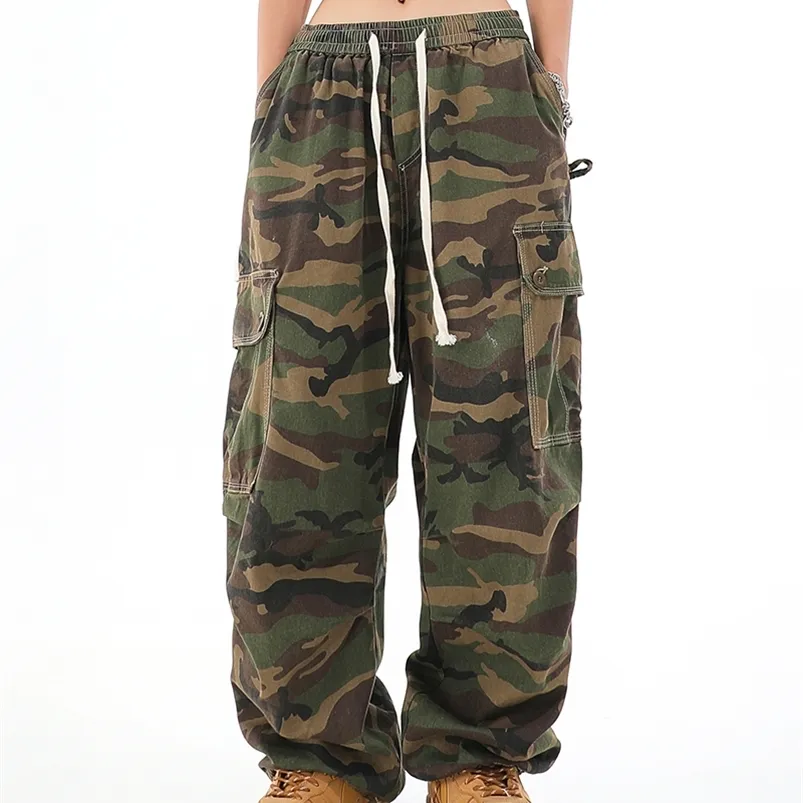 Damesbroek capris camouflage dames lading broek grunge elastische taille hiphop joppants unisex joggers broek vintage zakken wijd been broek 220916