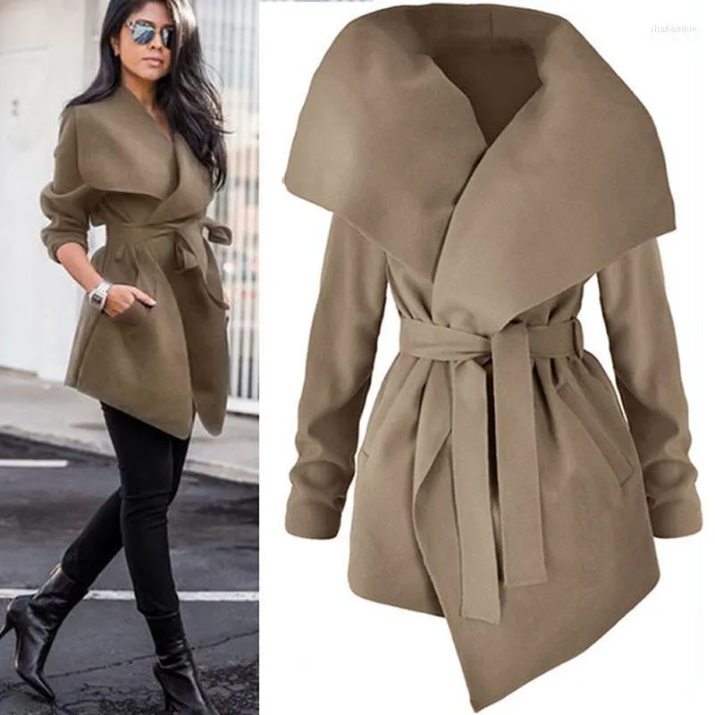 Trench da donna Cappotto da donna 2022 Primavera Autunno Cappotto con cintura con risvolto Elegante pizzo di lana Capispalla lunga Giacca a vento Cardigan