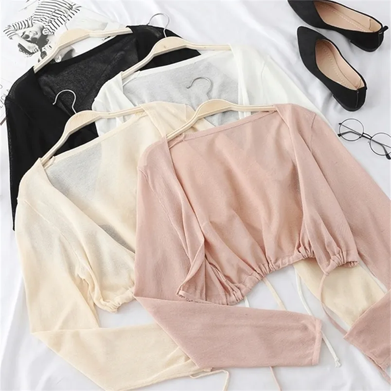 Women's Sweaters Women Summer Sun Protection Coat Lace Bow Ruffle Cardigan Shirt Female Blouse Tops for Woman Covers Blusa White Y2K Korean Shirt 220916