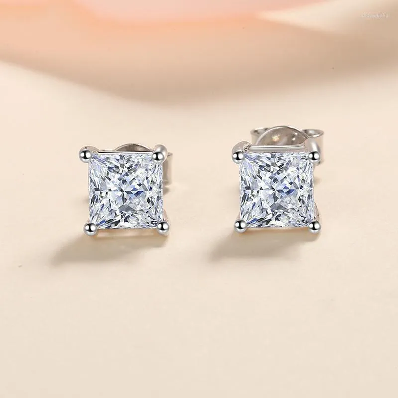 Stud Earrings Silver 925 Original Total 2 Carat Brilliant Cut Princess Square Diamond Test Past D Color Moissanite Gemstone Gift