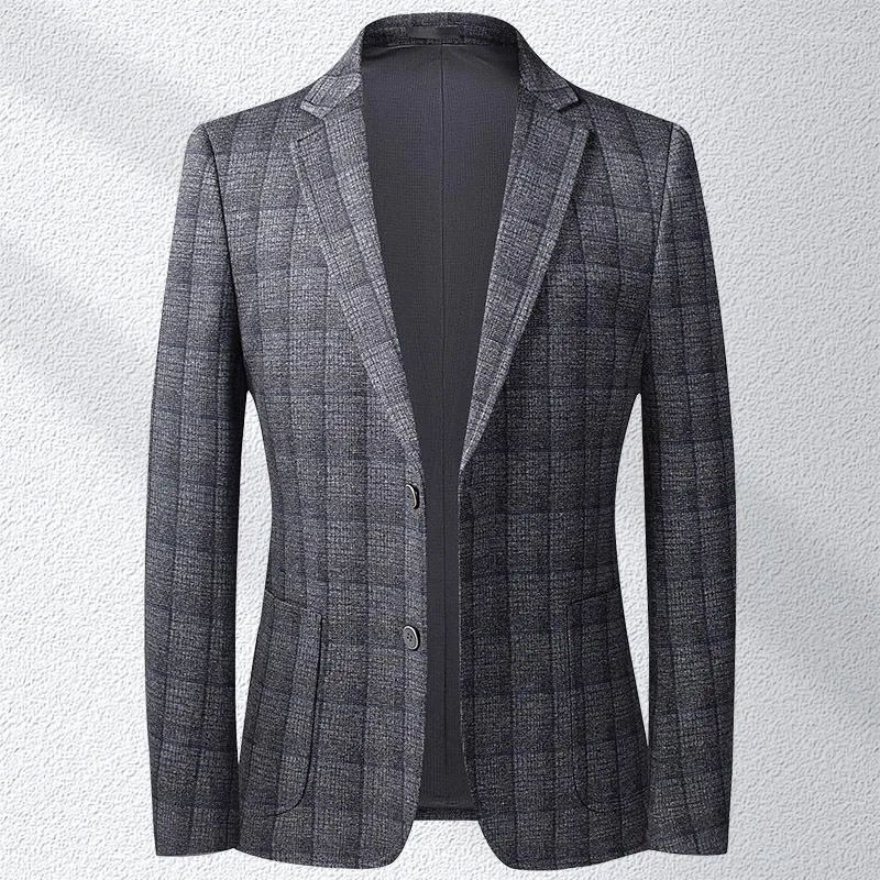 Trajes de hombre HOO 2022 Blazer a cuadros para hombre, informal, elástico, de negocios, con doble botón